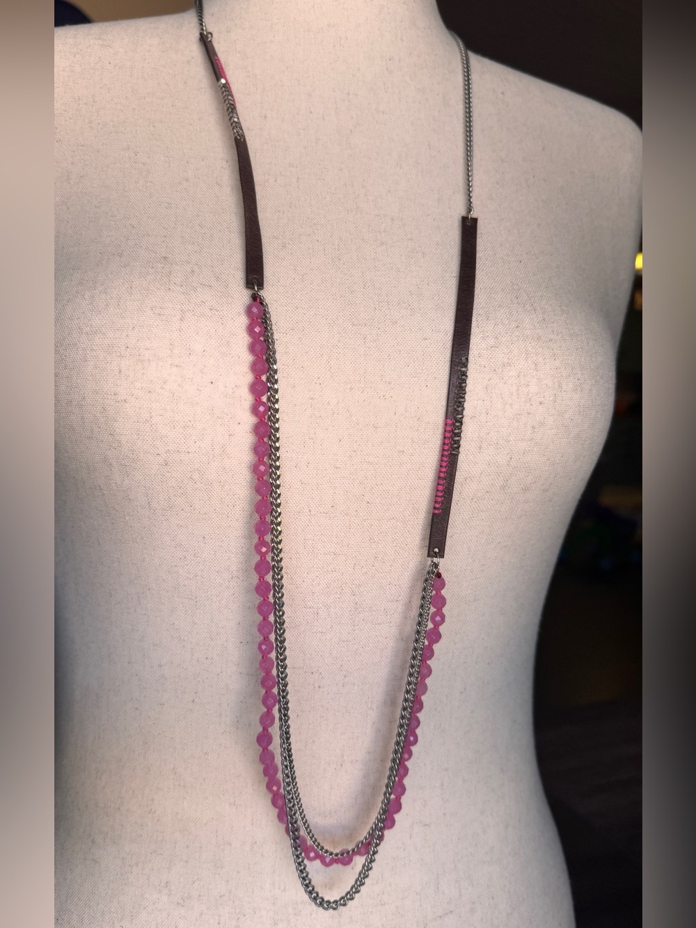 CHAN LUU Long Chain Bead Necklace in Black Fuchsia Agate